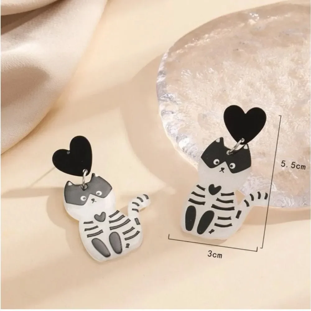 Halloween Goth Lolita Calavera Skeleton Black Kitty Cat Dangle Earrings